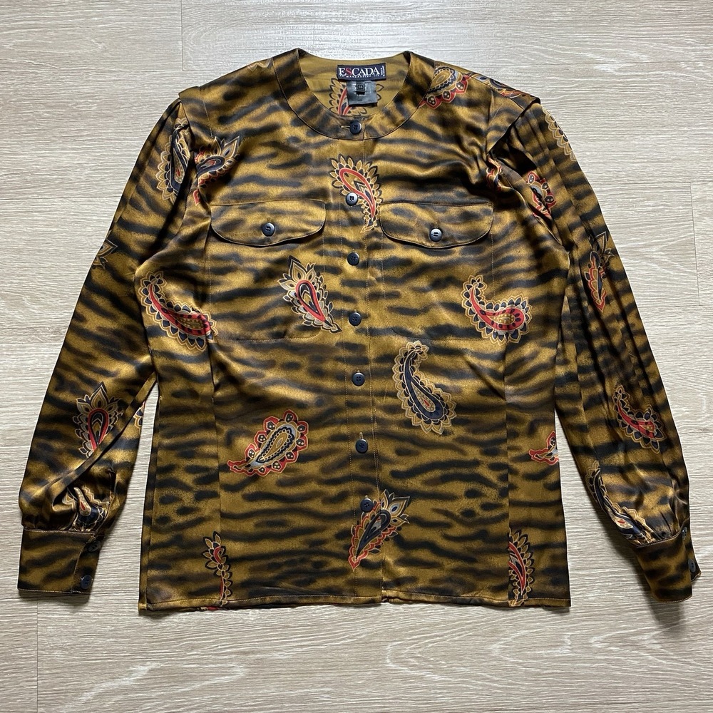 Vintage Escada by Margaretha Ley Silk Blouse Leopard Paisley Print Women's 34